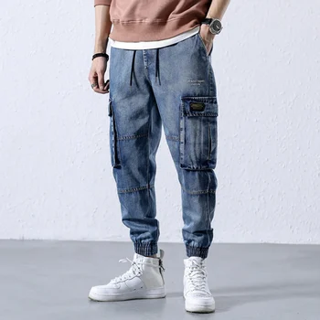 

2020 Autumn Fashion Mens Vintage Washed Jeans High Street Jogger Pants Patchwork Big Pocket Cuffed Cargo Pants Hip Hop Jeans Men