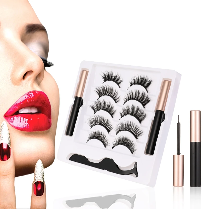 

5 Pairs 3d Magnetic Eyelashes+2 Eyeliner Liquid+ 1 Eyelash Tweezers Eyelashes Mink Eyelash Natural False Eyelashes Extensions