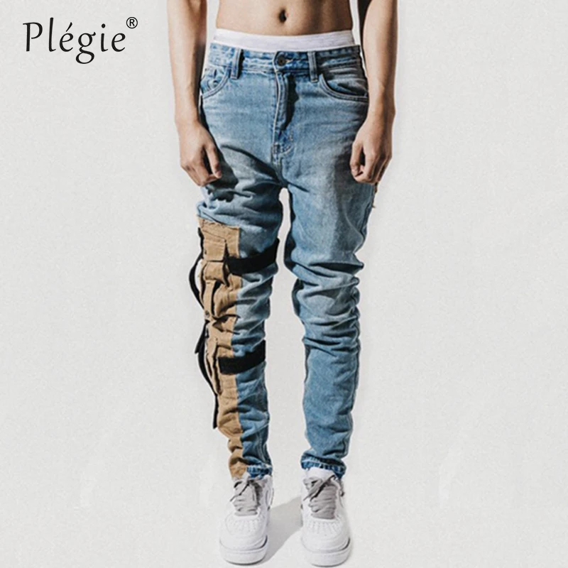 

Plegie Mens INS Vintage Elastic Tactical Jeans New Pants Detachable Pockets Male Slim fit Patchwork Denim Trousers Multi Pocket