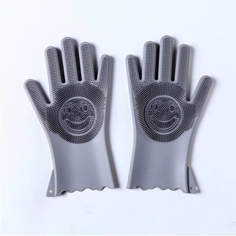 Kitchen Silicone Dishes Washing Glove with Cleaning Brush Garden Housekeeping Magic Silicone Scrubber Rubber Dishwashing Gloves - Цвет: Серый