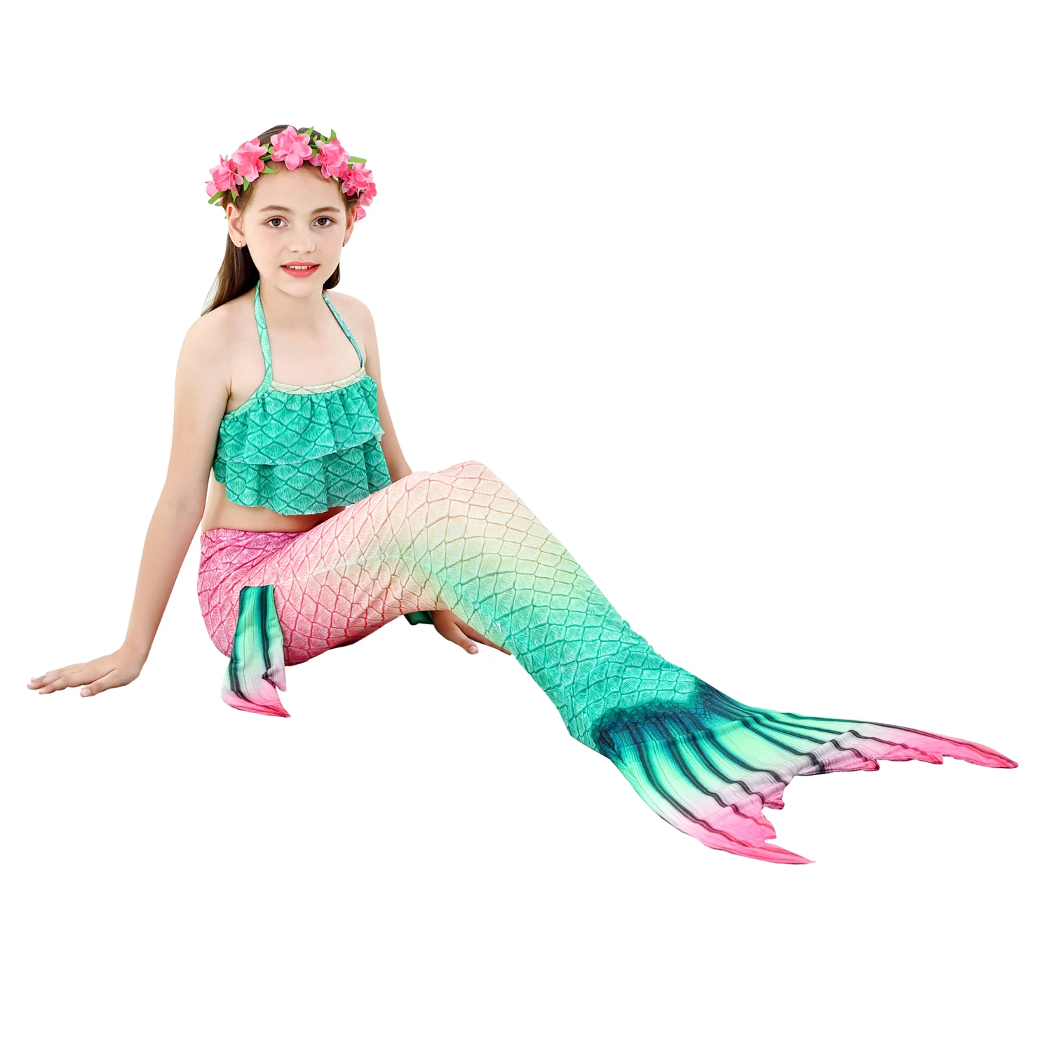 D C.Supernice 3Pcs Lindo Colas de Sirena Niña para Nadar Disfraz Princesa Sirena Bikini Conjunto con Corona de Flores 
