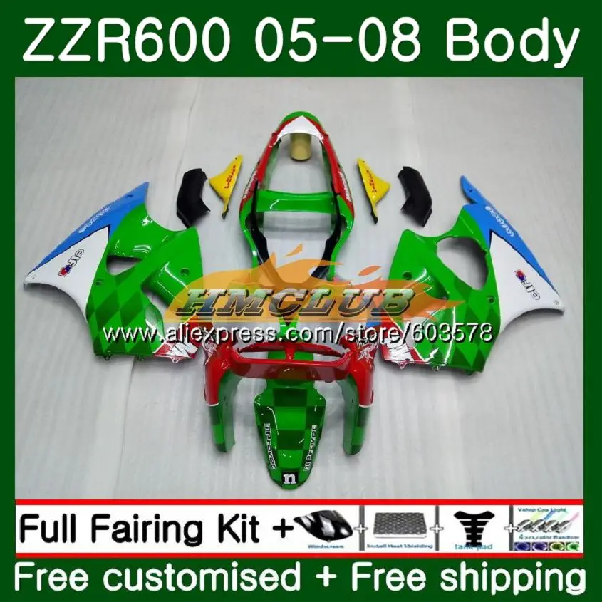 Корпус для KAWASAKI ZX600 600CC ZZR600 05 06 07 08 107CL. 0 ZX600CC ZZR-600 ZZR 600 2005 2006 2007 2008 OEM Обтекатели зеленого и белого цветов - Цвет: No. 1