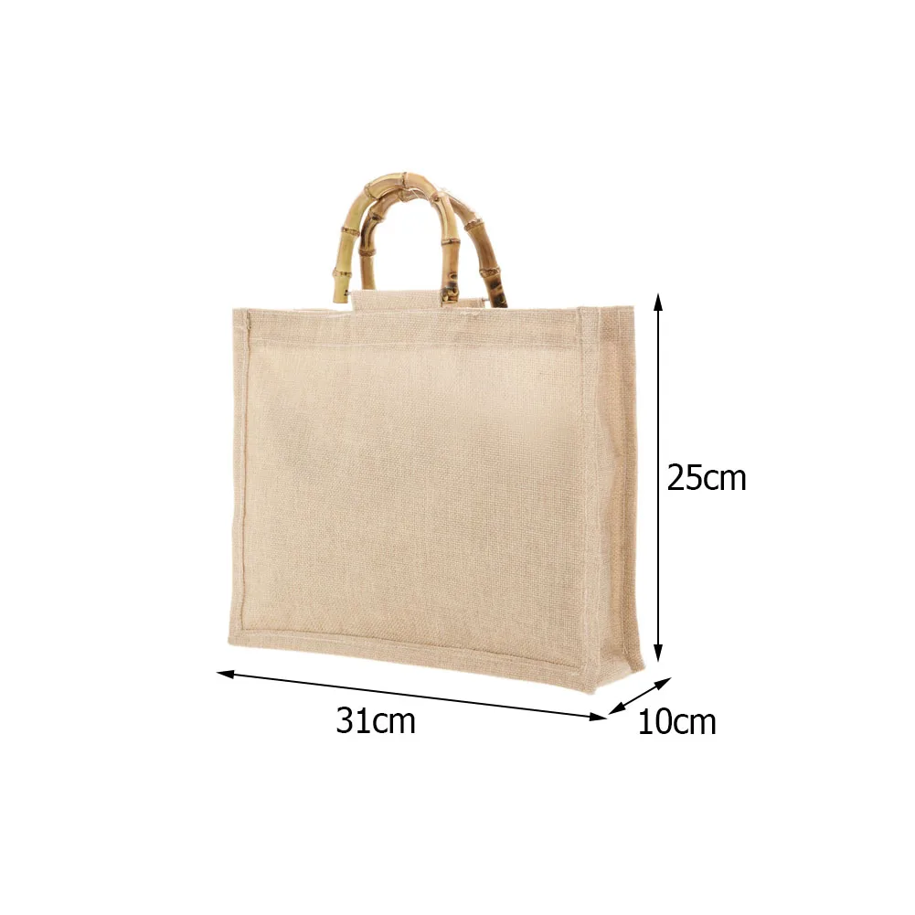 Portable Burlap Jute Tote Fruit Vegetable Shopping Bag Handbag Bamboo Loop Handles Reusable Tote Grocery Bags for Women Girls