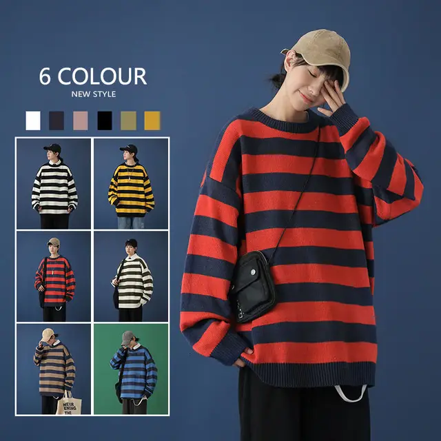 Contrast Stripe Knitted Sweater Men's Apparel Men's Top Sweaters color: Black and red|green black|hong bai|lan Bai|White And Green