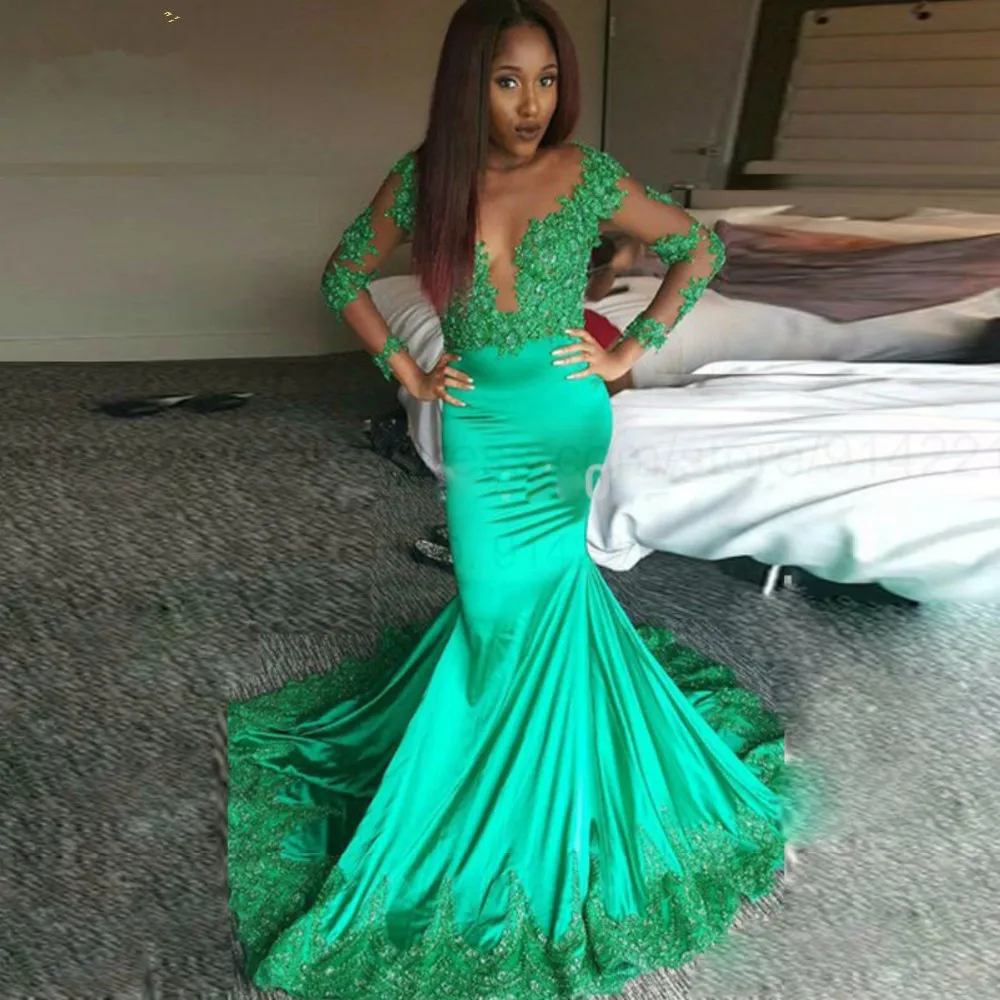 Robe de Soiree, зеленое, прозрачное, с длинным рукавом, кружевное, Русалка, для выпускного вечера,, сексуальное, совок, вечернее платье, арабское, для матери невесты, платья