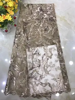 

New high quality gold French sequins embroidered lace fabrics, 5 yards sequins Nigerian lace fabrics FFD93