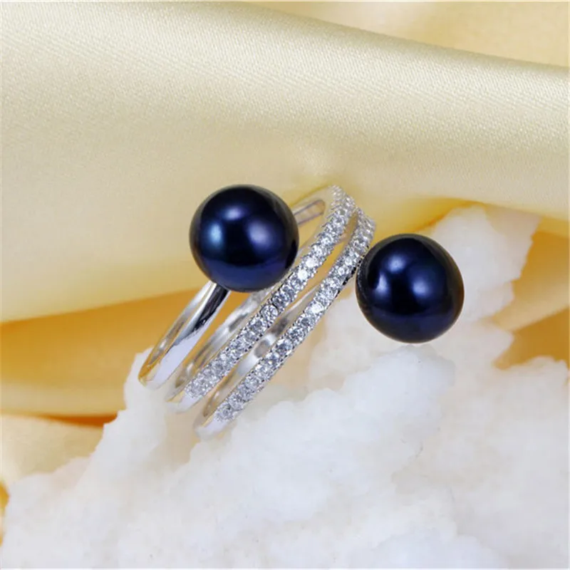 Dainashi Freshwater Cultured Pearls Ring Luxury 925 Sterling Silver Shiny Zircon Crystal Adjustable Ring for Women Party Gift