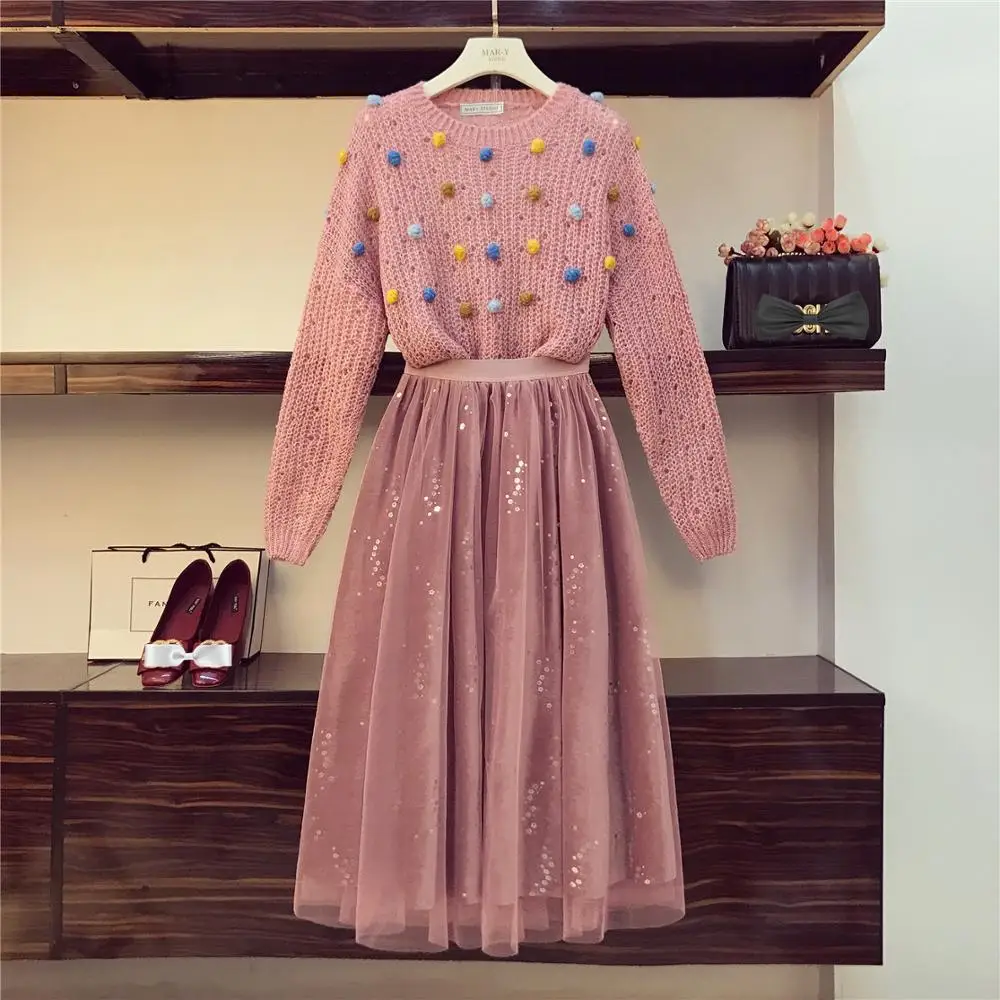 Осень, Женский вязаный свитер в разноцветный горошек с длинным рукавом+ юбка в сеточку, комплект из 2 предметов, женские костюмы, наряд A2086 - Цвет: 2pcs sets