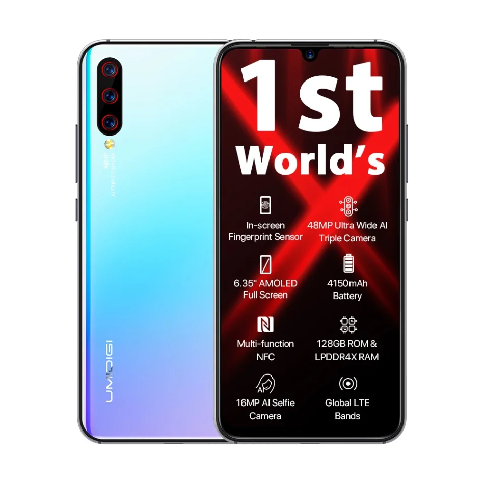 Глобальная версия UMIDIGI X Android 9,0 4 Гб 128 Гб Смартфон 6,35 дюймов AMOLED Helio P60 48MP 4150 мАч отпечаток пальца NFC 4G мобильный телефон - Цвет: Синий