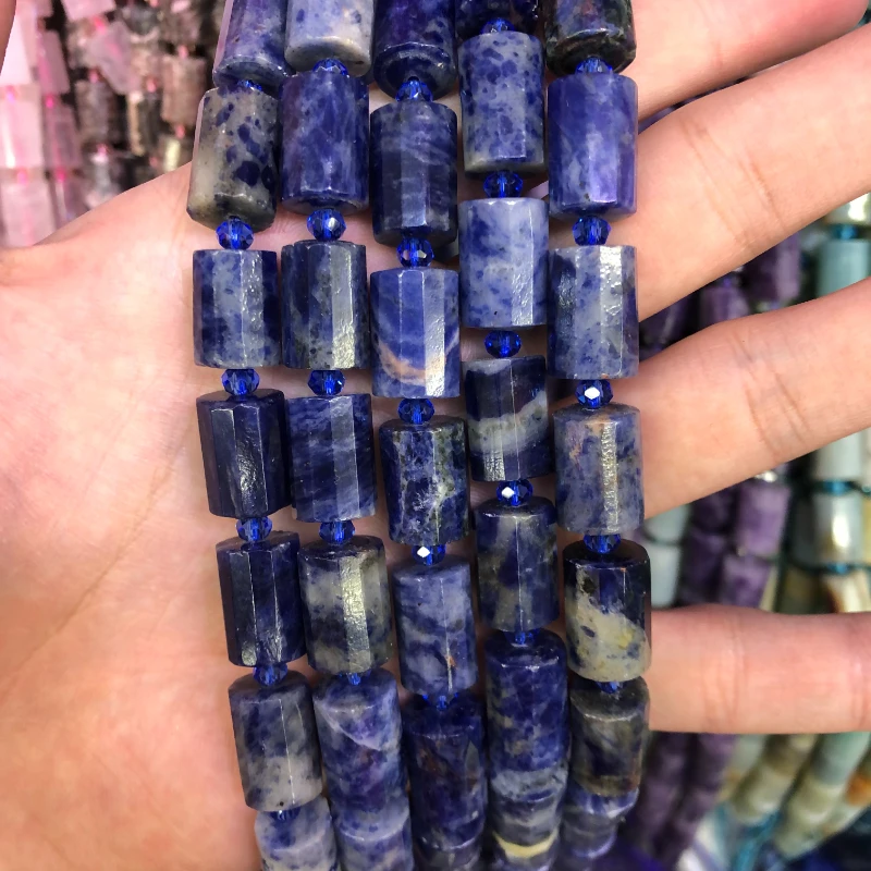 Natural Blue Sodalite Beads Faceted Cylinder Spacer Tube Beads Blue-veins Column Shaped Beads For DIY Jewelry Making MY210403