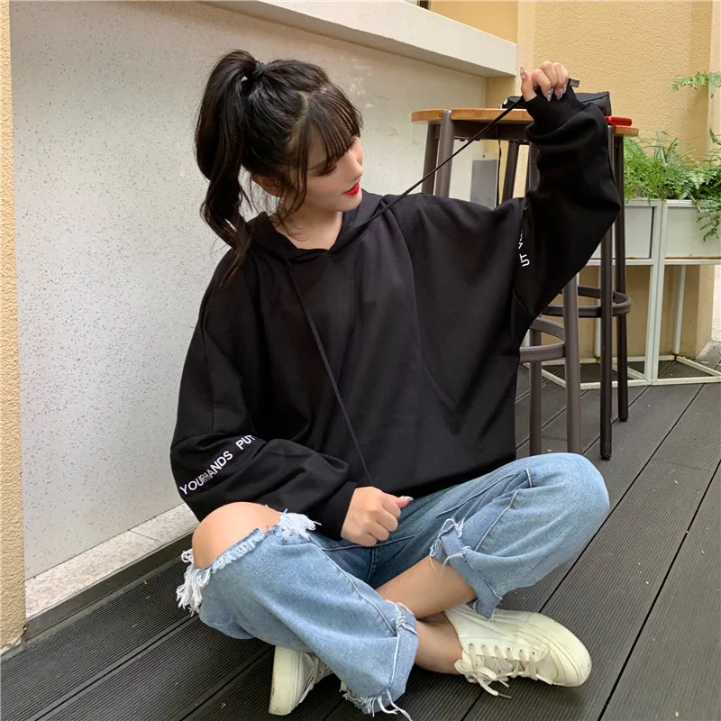 Толстовки женские Ulzzang Harajuku уличная весна осень большого размера, с длинным рукавом Студенческая тонкая однотонная Корейская стильная женская одежда