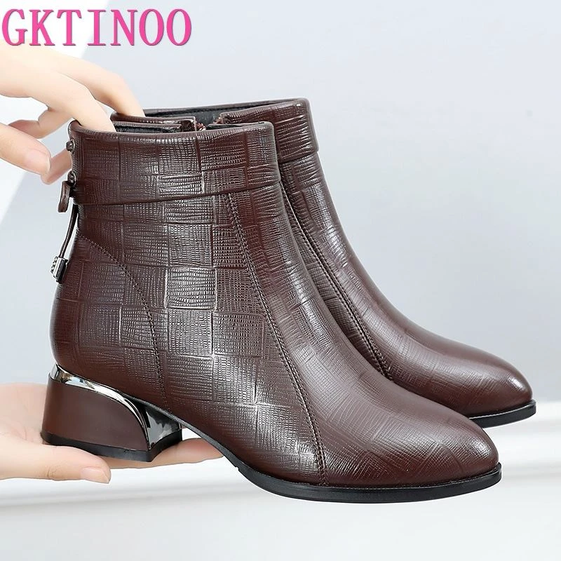 GKTINOO New Ankle Boots Women Pointed Toe Thick Heels Genuine Leather Shoes Short Boots Soft Sole Footwear Plus Size 35-43 black suede ankle boots