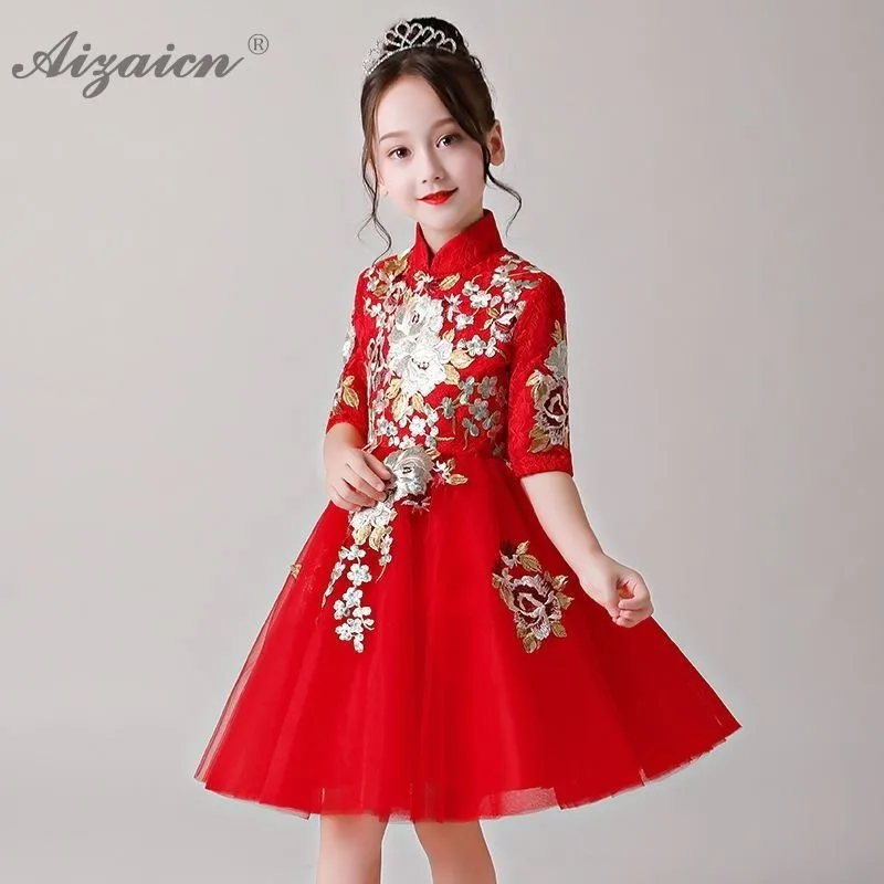 

Children Cheongsam Kids Dress Lace Qipao Red Princess Thick Embroidery Evening Dresses Baby Chinese New Year Clothes Qi Pao