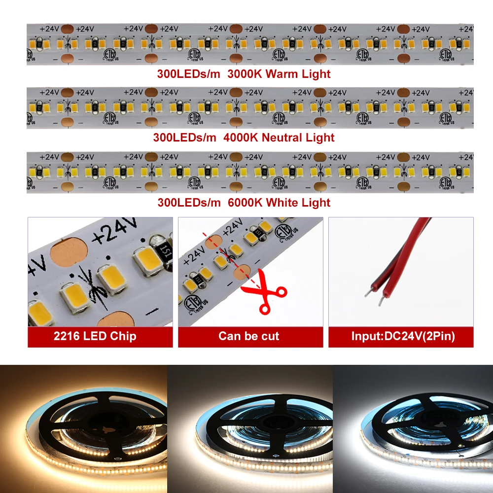 Новое поступление Светодиодные ленты DC12V 2216 чип 120 светодиодный s/m 24V 300 светодиодный s/m 3000K 4000K 6000K высокое Яркость гибкий светодиодный Диод светодиодные ленты