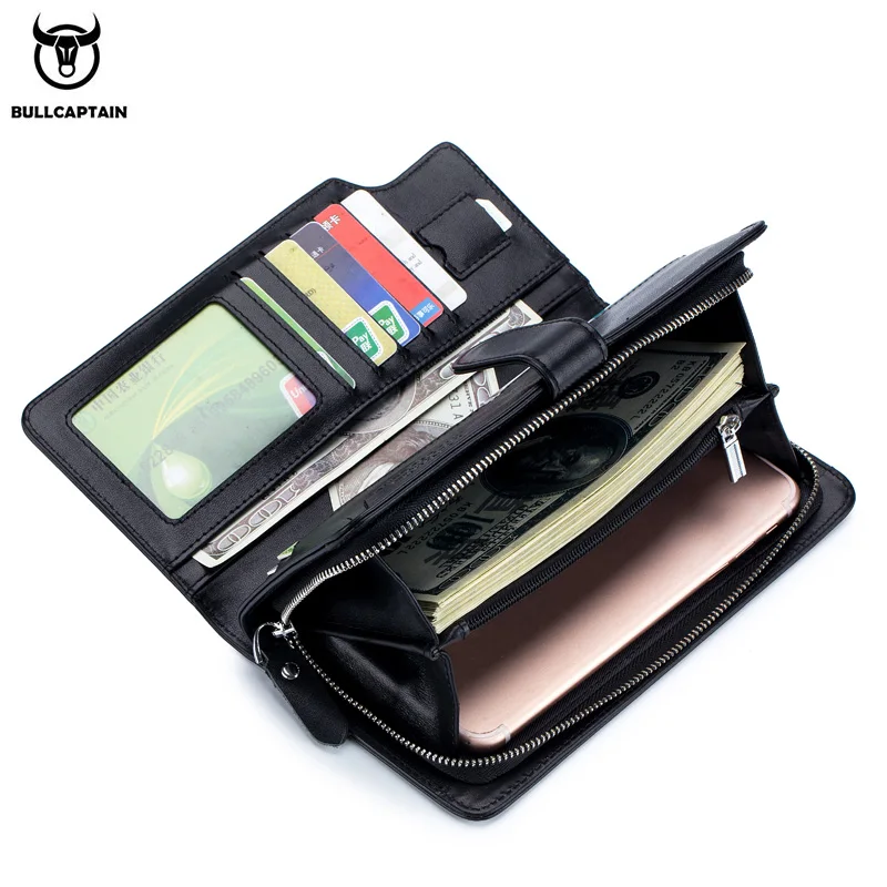 BULLCAPTAIN Men Long Wallet Clutch Bag Credit Card Holder Purses Carteras Billetera Hombre Leather Money Portfe Carte