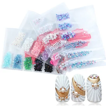

6 Grid 3d Nail Rhinestone Various Size Pearls Charming Nail Art Decoration White Circle Beads Studs Manicure Jewelry Gems