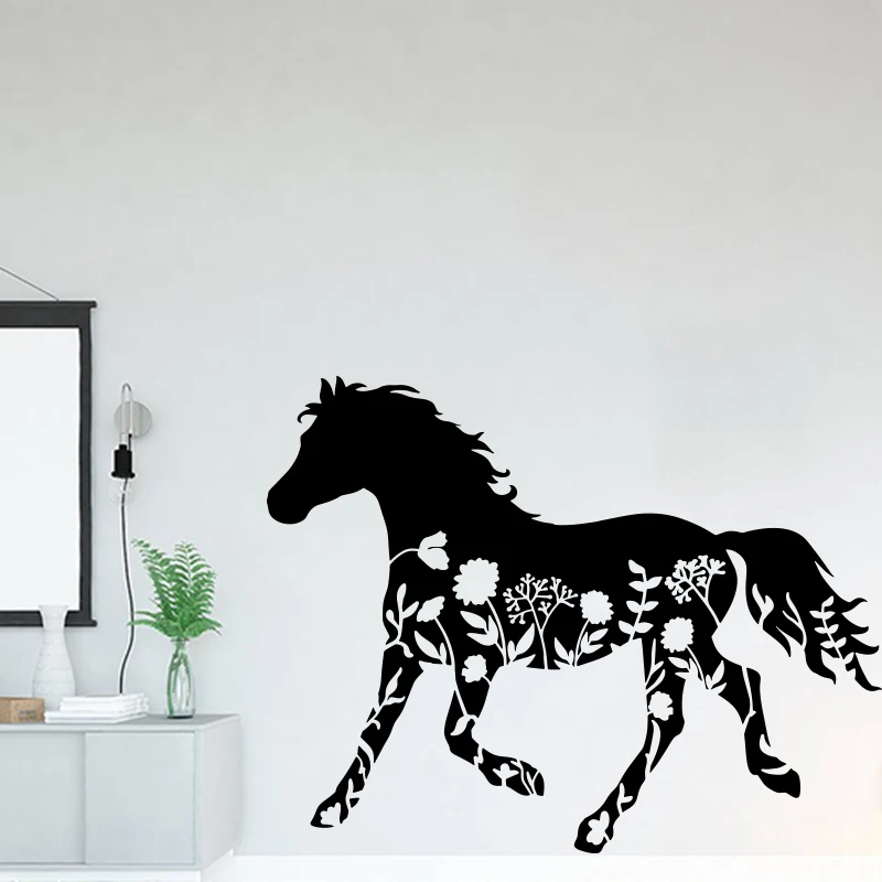 Cartoon Large Floral Horse Animal Wall Sticker Kids Room Bedroom Flower Horse Rustic Farmhouse Animal Jungle Wall Decal Vinyl (1)