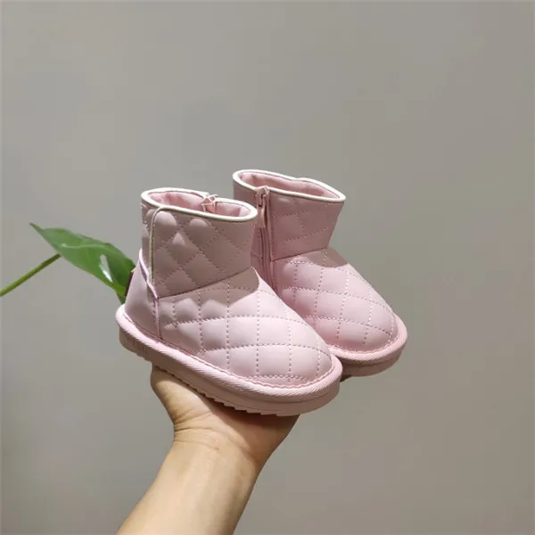 Genuine Leather Winter Children Snow Boots Waterproof Toddler Girls Shoes Grid Fashion Cotton Kids Boots Baby Shoes - Цвет: pink