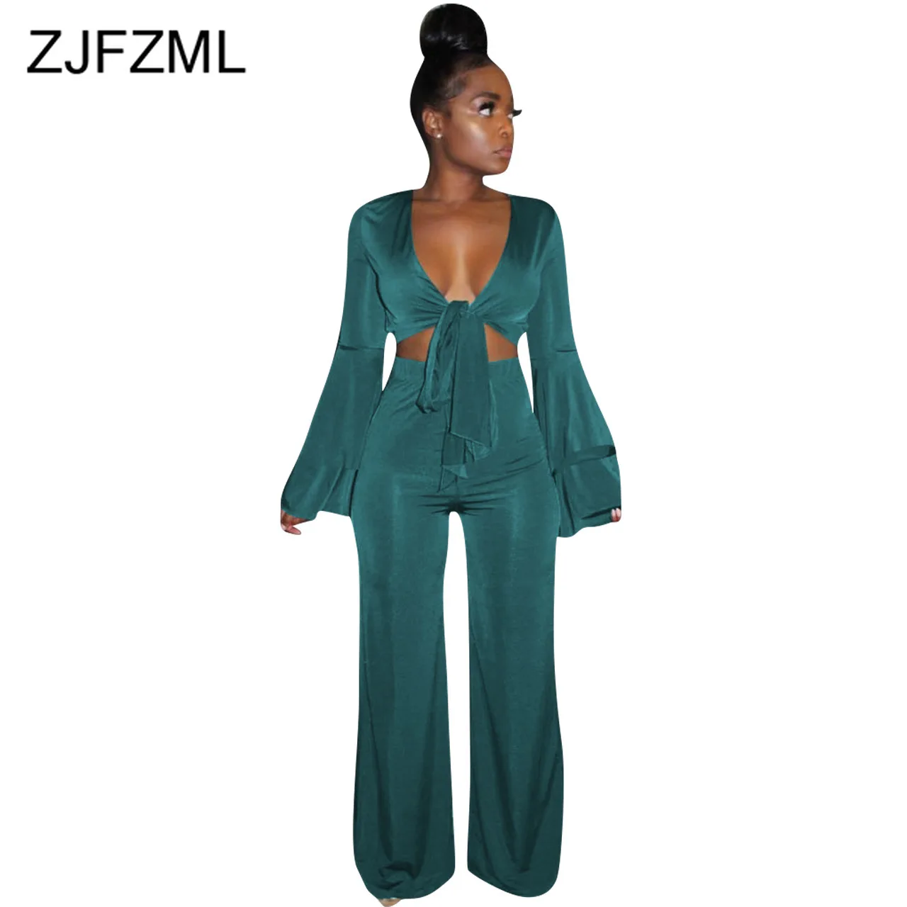 

Sexy Two Piece Tracksuit Women Clothes Deep V Neck Flare Sleeve Crop Top+Wide Leg Pants Sweatsuits Vintage 2 Piece Club Outfit