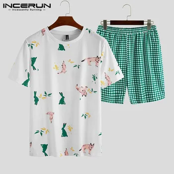 

Summer Men Pajamas Sets 2020 Homewear Soft Short Sleeve Print T Shirt Nightwear Plaid Shorts Couple Sleepwear Sets INCERUN S-5XL