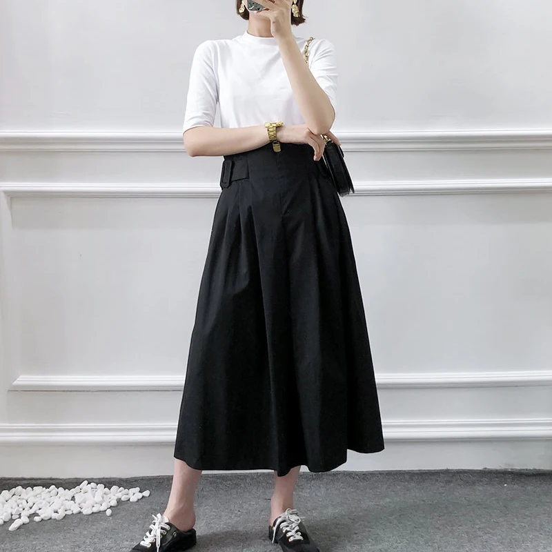 Autumn Skirts Women Solid Pleated Midi Length Skirt Elegant Female High Waist Belt A-line Skirt Casual Ladies Saias