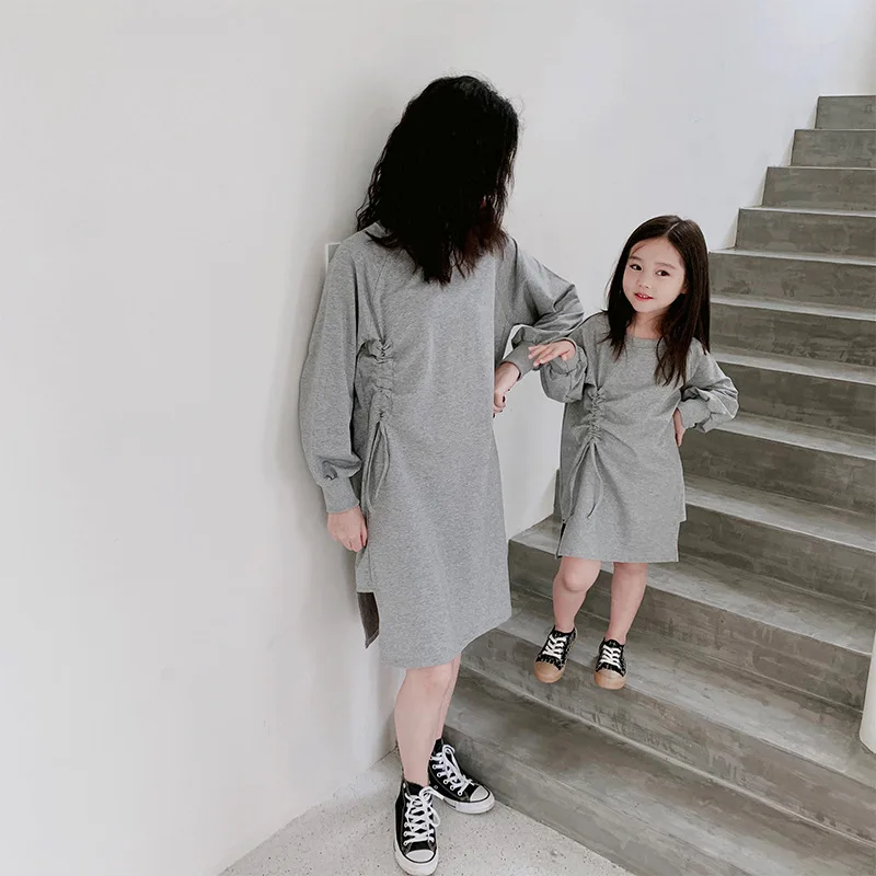 

Mom and Daughter Matching Clothes Cotton Casual Sweatshirt Dress Lantern Sleeve Mother Daughter Dresses Matching Family Outfits