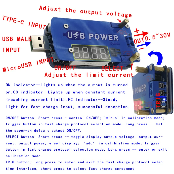 DP2F DC Регулируемый usb лабораторный источник питания DC 0,5-30 в 15 Вт регулятор напряжения QC2.0 QC3.0 AFC FCP триггер быстрой зарядки