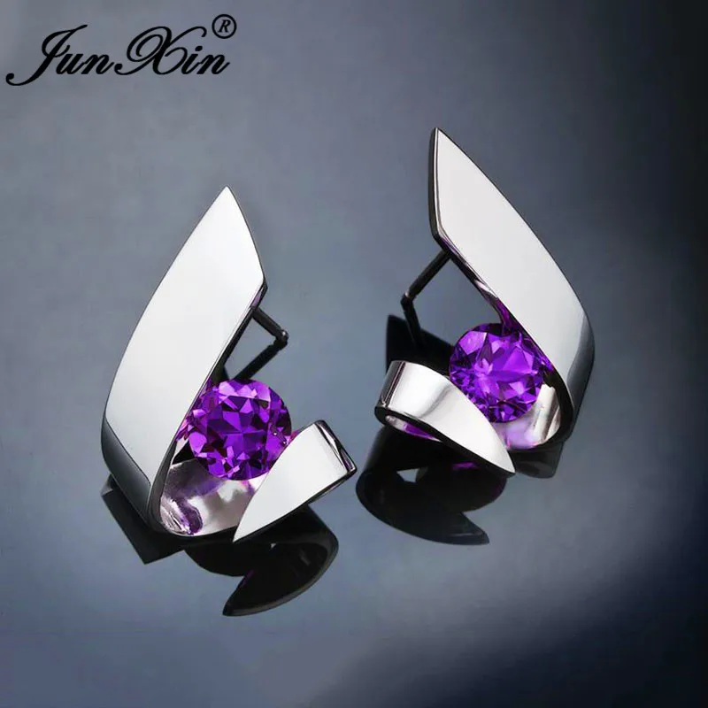 Irregular Purple Blue White Yellow Crystal Geometric Stud Earrings For Women 925 Silver Color Round Zircon Stone Earring Jewelry