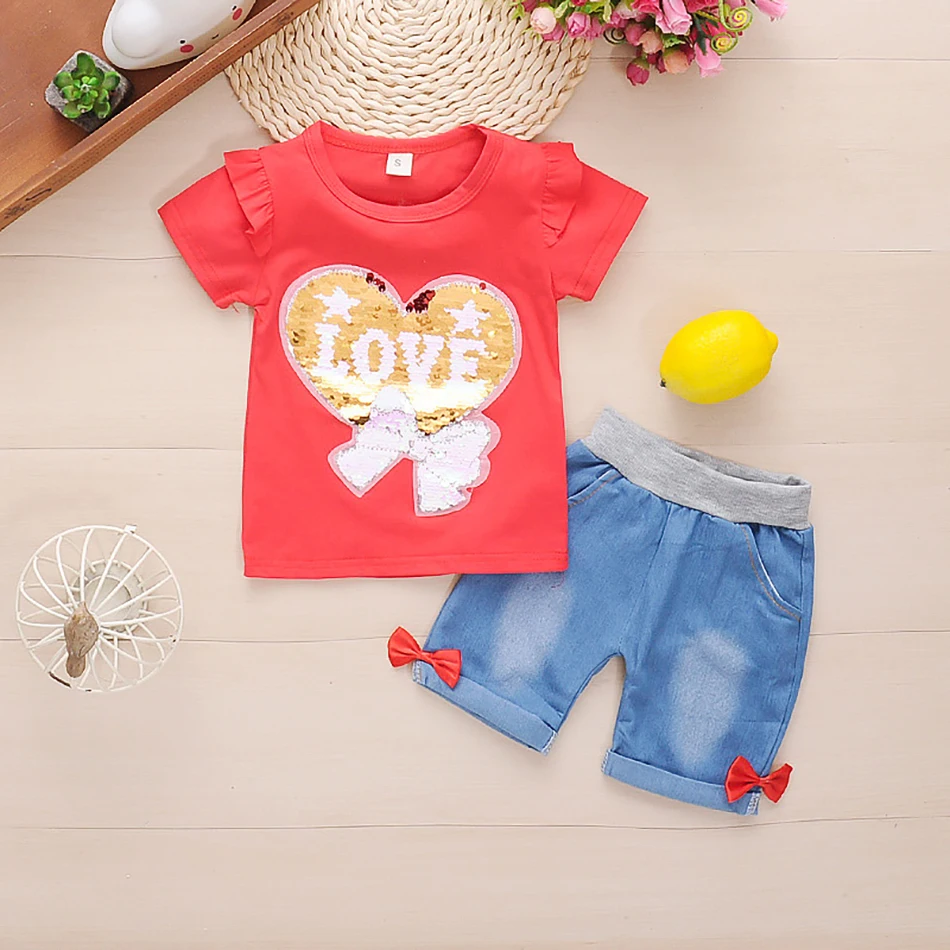 

Одежда для девочек и мальчиков, летняя одежда из двух предметов, верх и джинсовые брюки, спортивный костюм из двух предметов для девочек, детская одежда