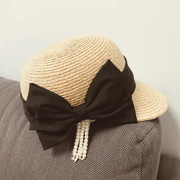 

Japanese Style Big Dot Bow Baseball Cap Weaving Raffia Straw Equestrian Cap Spring Summer Ladies Pearl Fringe Casquette Sun Hat
