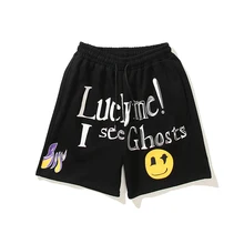 Kanye Letter Print Smiley Graffiti Casual Shorts Mens and Womens Drawstring Oversize Kendell Short Hip Hop Loose Five Point Pant