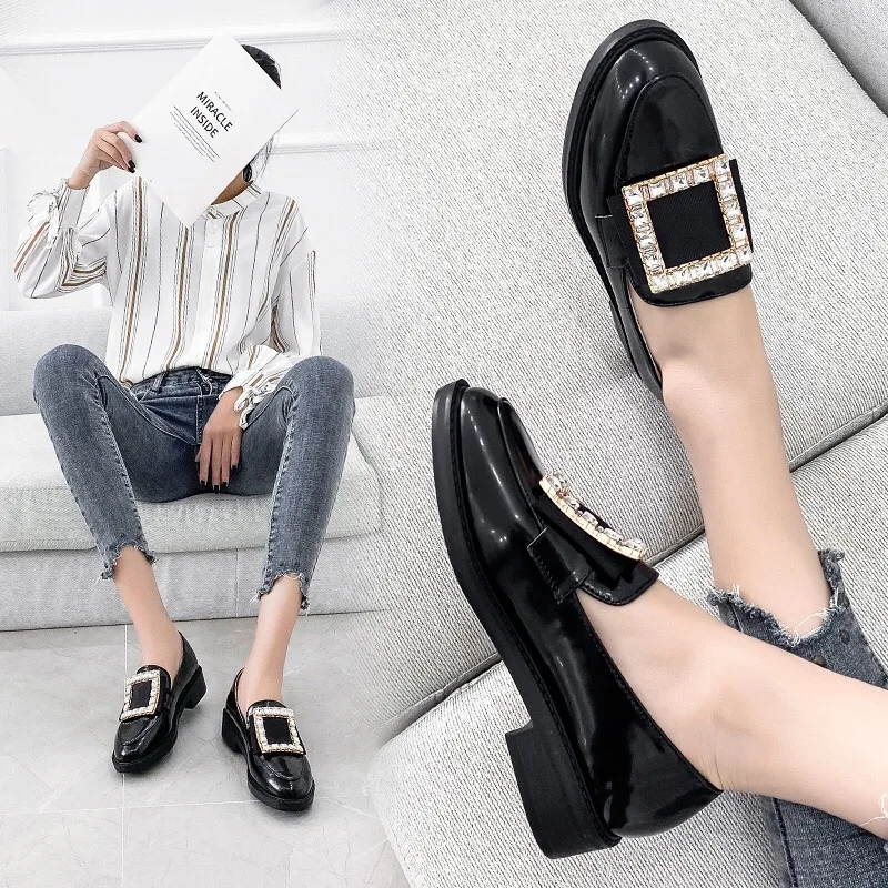 

Woman Crystal Buckle Low Heels Loafers Leather Round Toe Shoes Ladies Platform Oxford Slip on Slides Casual Zapatos Mujer Black