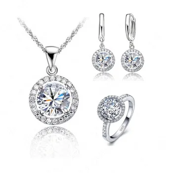 

Classic Round Zircon Crystal 925 Sterling Silver Necklace Earring Ring Jewelry Set for Women Wedding