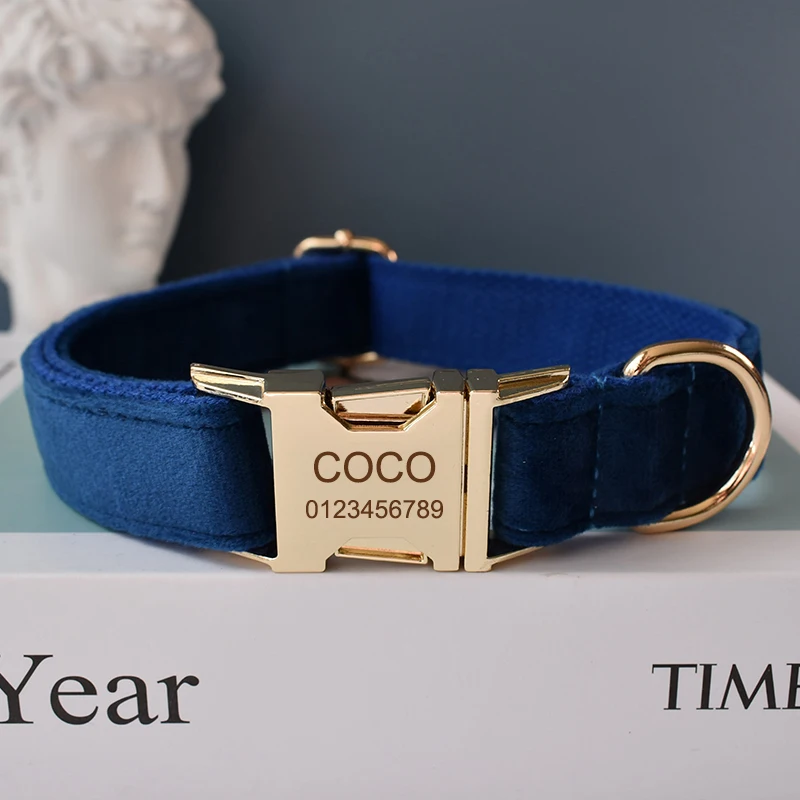 

Синий ошейник, персонализированная бархатная хлопковая качественная ткань для маленьких средних и больших собак, металлические детали на заказ, аксессуары для домашних животных, фланелевая ткань 02