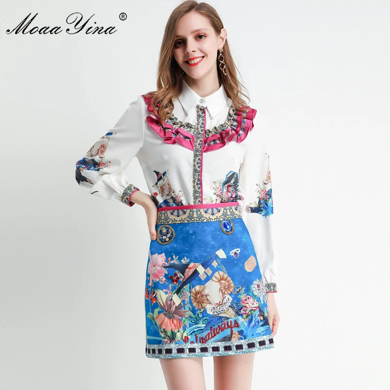 

MoaaYina Fashion Designer Set Spring Women Long sleeve Ruffles Shirt Tops+Beading Diamond Short skirt Elegant Two-piece set