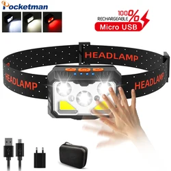 Lampe frontale étanche à capteur IR, puissant, Rechargeable par USB, lumière blanche et rouge, 8 Modes, batterie intégrée 