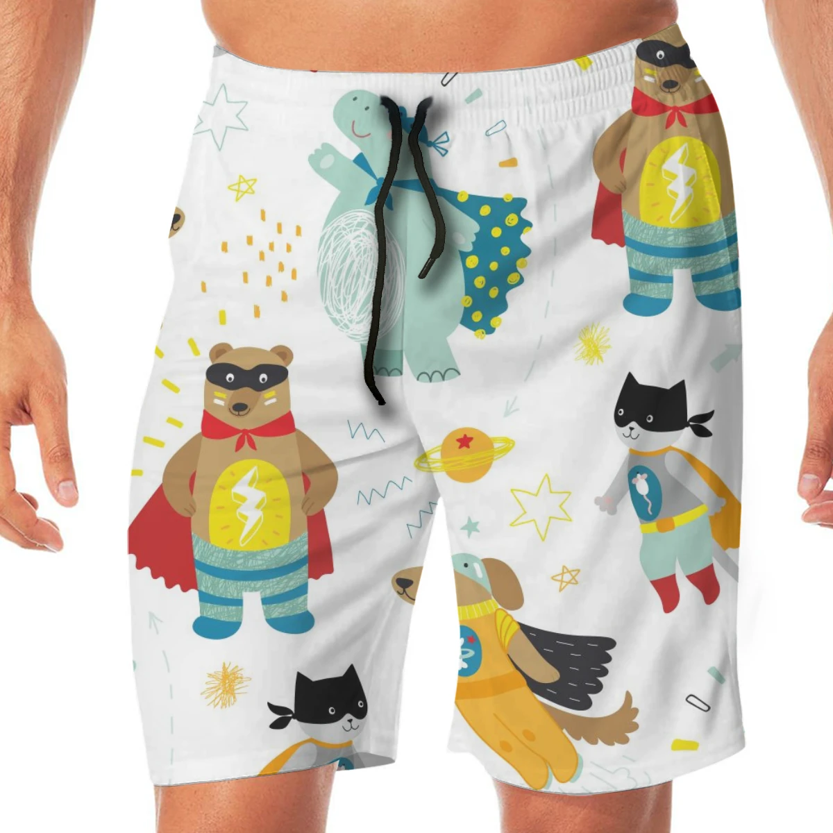 

Men Casual Summer Hawaiian Beach Pants Half Trousers Cute Kids Superhero With Dog Cat Bear And Hippo