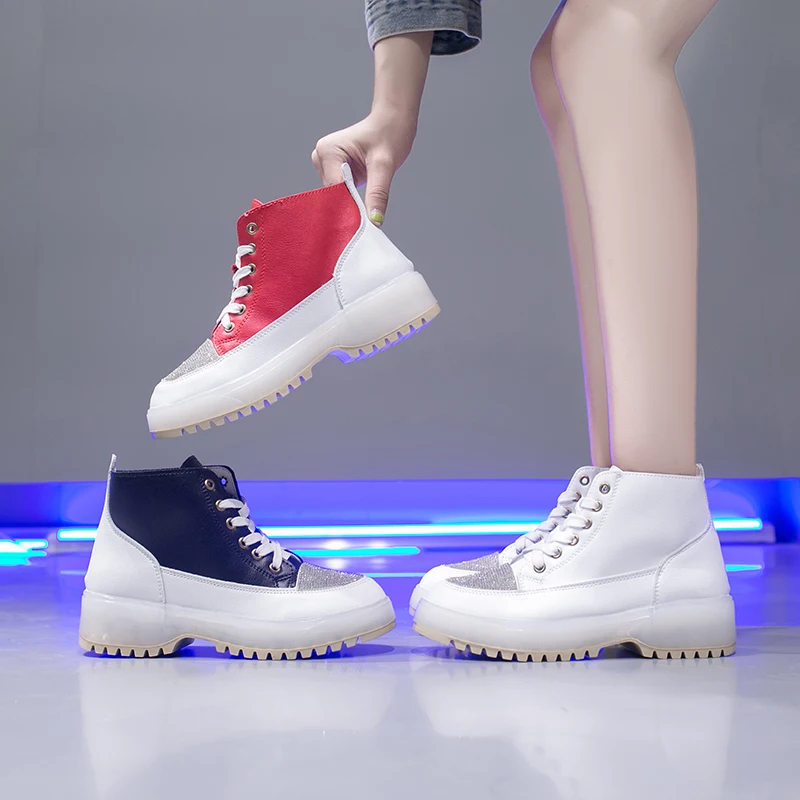 

Fashion Women Vulcanize Shoes Height Increasing Casual Shoes Lace-Up Platform PU Leather Breathable High Top White Female Shoes