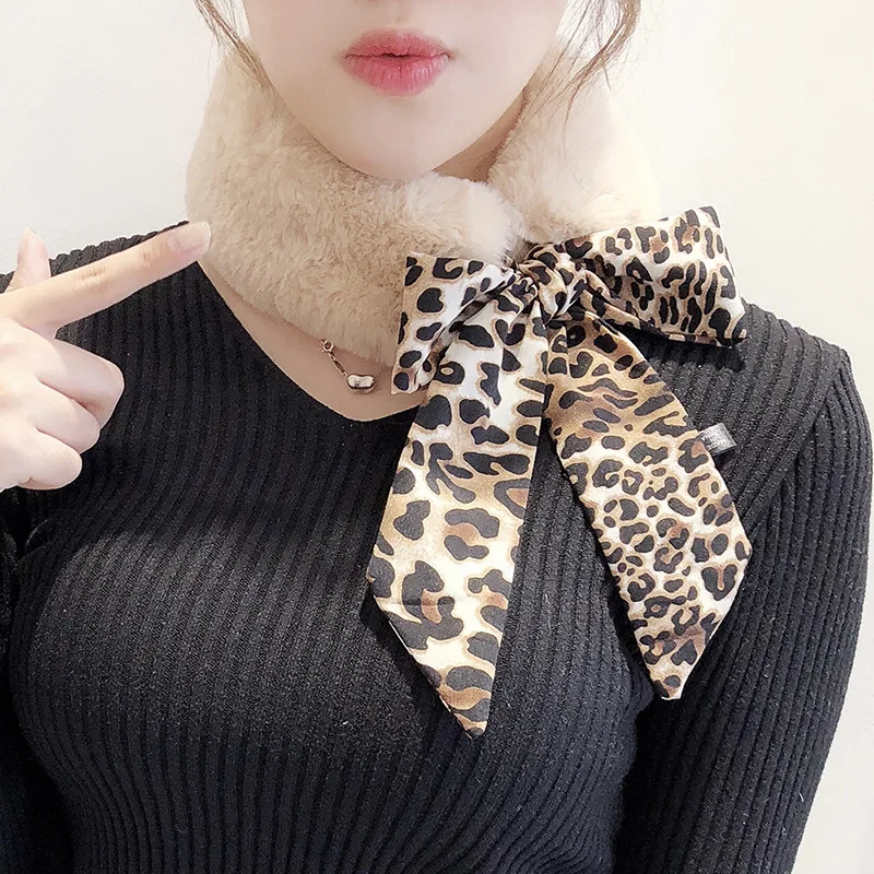 

women scarf Leopard Printed Streamers Silk Scarf Soft Faux Rabbit Fur Collar Thicken Scarves Shawls Female Neckerchief Wraps