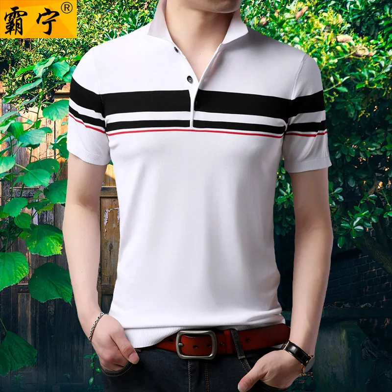 

2019 Summer Youth Men's Fold-down Collar Short Sleeve T-shirt Thin Slim Fit Stripes Breathable Versatile Base Shirt
