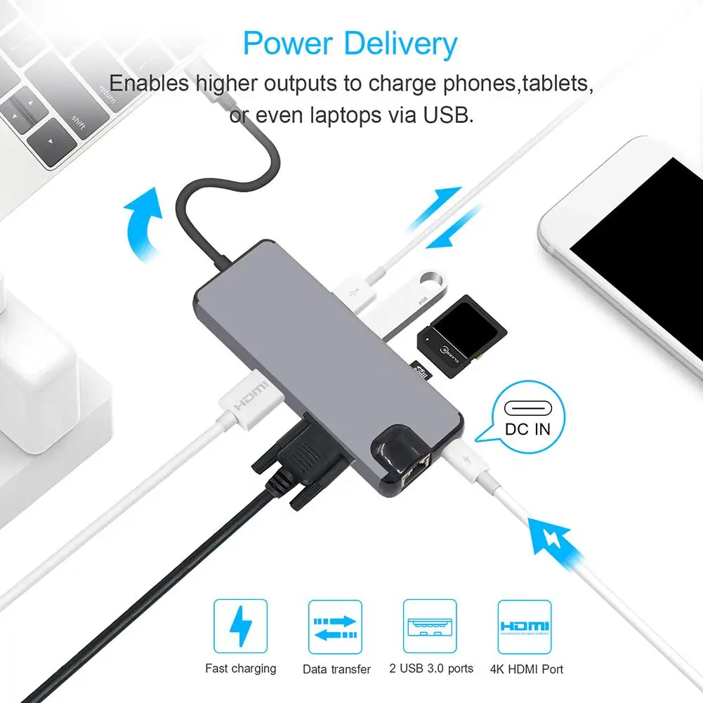 USB C Hub Read Card New Video Experience Type C Docking Station HUB VGA 8 In 1 For Computer Fast PD Recharging