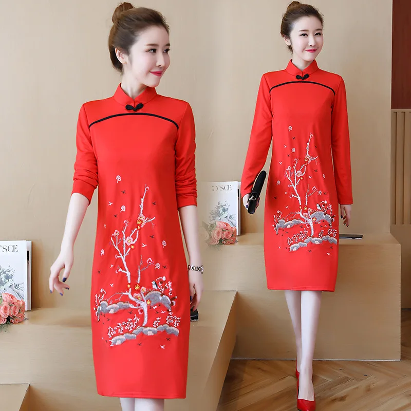 

Modified Version of Cheongsam Summer 2018 New Style Retro WOMEN'S Dress Elegant Long Sleeve Mid-length Slim Dress