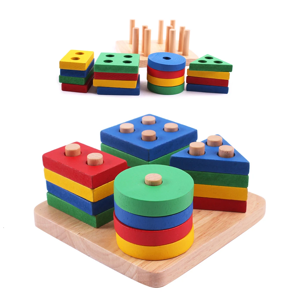 

Wooden Building Blocks Montessori Geometric Shape Pairing Board Model Set Early Kids Educational Toys Stacking Oyuncak