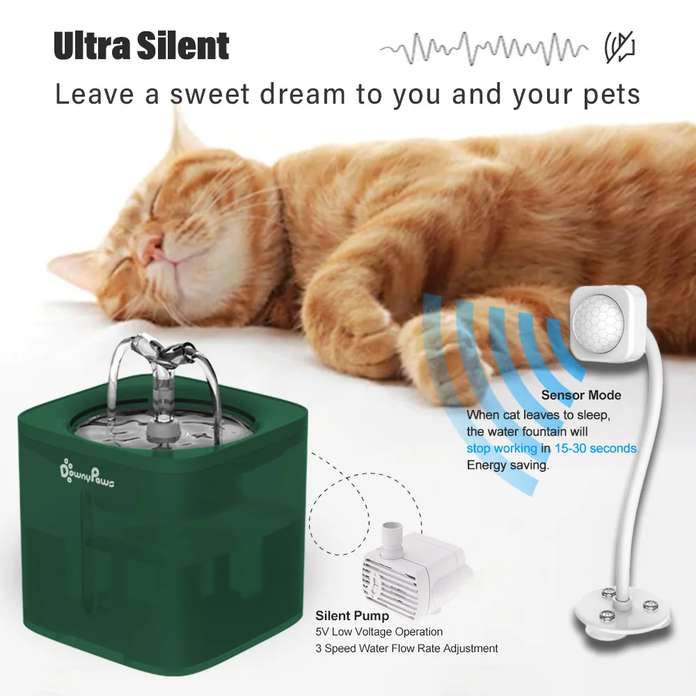 DownyPaws Drinker For Cats Water Fountain Automatic Mute Filter Dispenser Pet Cat Water Bowl Dog Drinking Feeder Motion Sensor