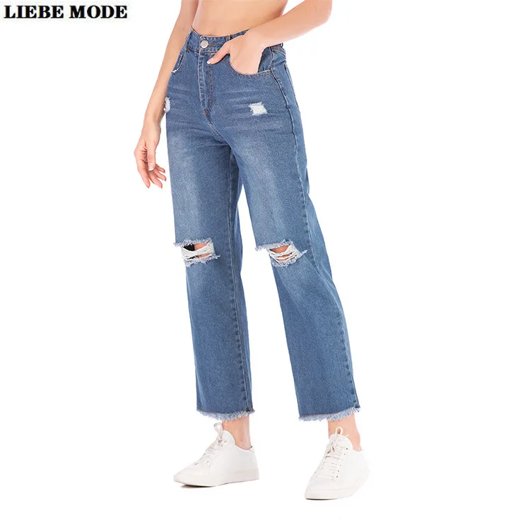 

Women's Straight Leg Jeans Holes Women Loose Ripped Mom Jeans Bell Bottom Pants High Waist Wide Leg Denim Trouser big Size