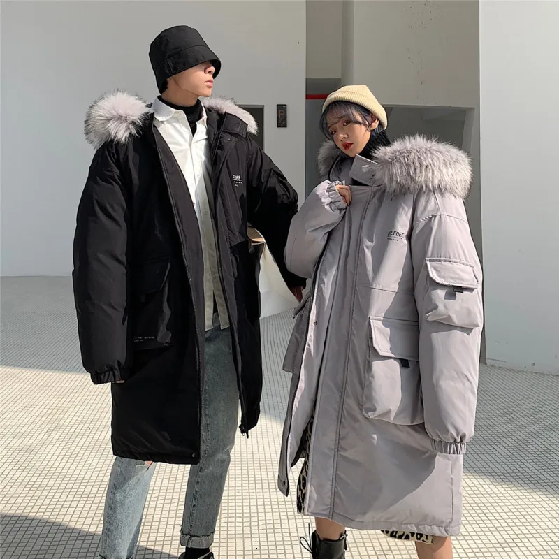 Winter New Coat Men Warm Thick Fashion Solid Color Fur Collar Hooded Coat Man Streetwear Wild Loose Cotton Long Jacket Parka Men