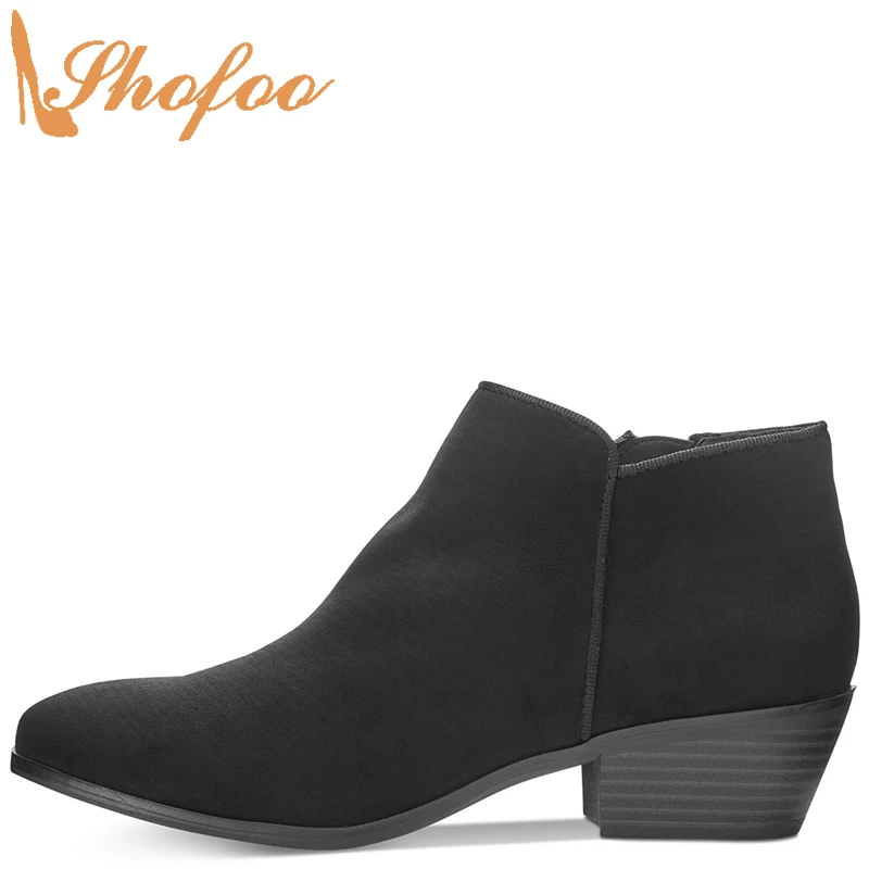 

Black Med Chunky Heels Ankle Boots Woman Almond Toe Zipper Booties Large Size 13 16 Ladies Fashion Office Mature Shoes Shofoo