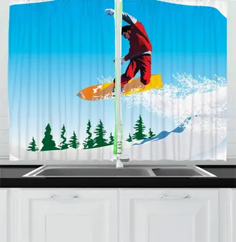 

Snowboard Kitchen Curtains Snowboarder in Jump Doing Moves Blue Vivid Sky Skiing Winter Snowy for Kitchen Cafe Decor