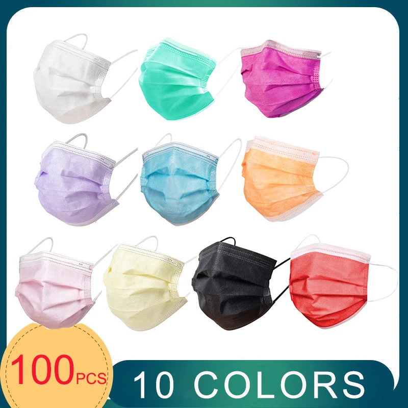 ¡En Stock! Mascarilla desechable no tejida de 3 capas, máscara facial no tejida de color, 100 Uds.