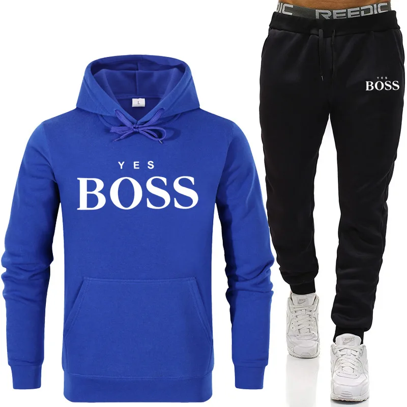 

Men Yes Boss Print Suit Two Pieces Set Men's Hoodies Sweatshirt+Pants Male Hoody Jogging Tracksuit Men Sportswear Brand Outfit